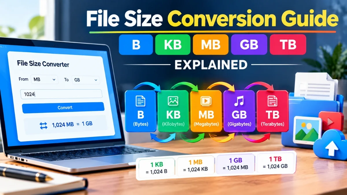 File size conversion chart showing B, KB, MB, GB, and TB with a laptop converter.