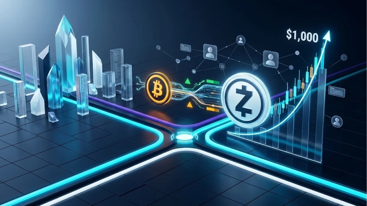 Concept illustration of the Zcash rally $1,000 float squeeze showing BTC whale capital flows and Grayscale ZCSH ETF demand.