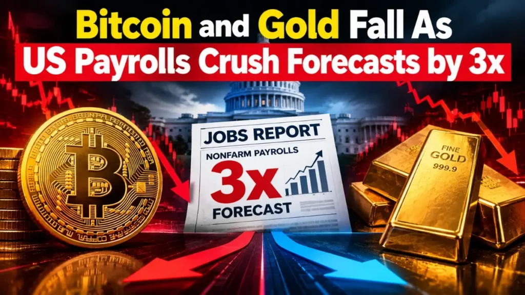 Bitcoin and Gold illustration with graphs showing payroll forecast
