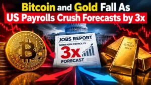 Bitcoin and Gold illustration with graphs showing payroll forecast