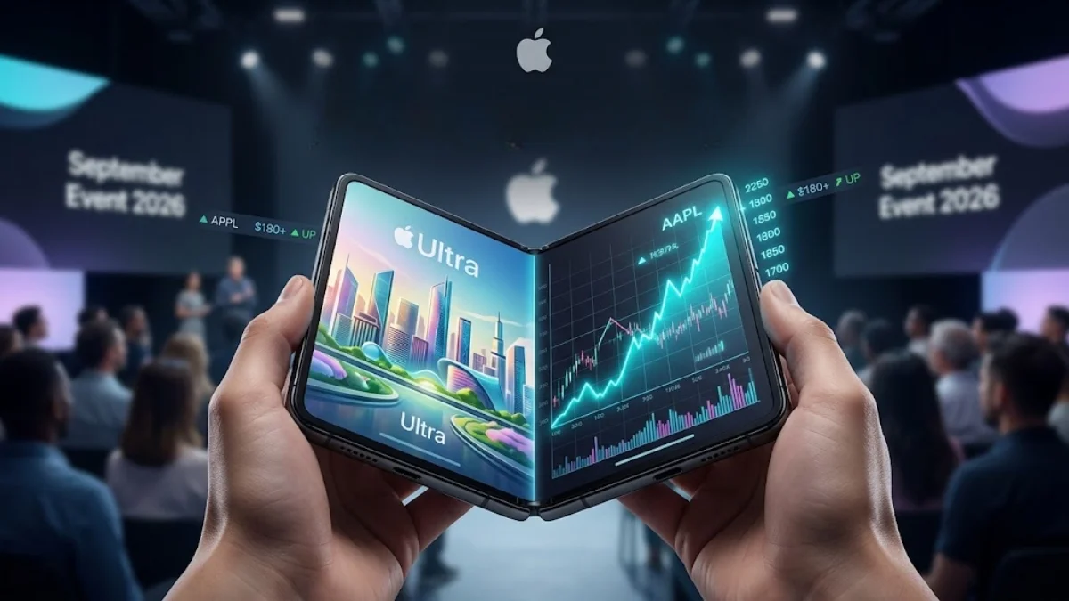 Hands holding a foldable iPhone with AAPL stock chart on screen during Apple launch event.