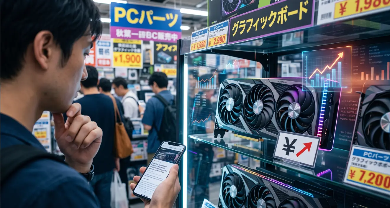 a man looking at GPU in market